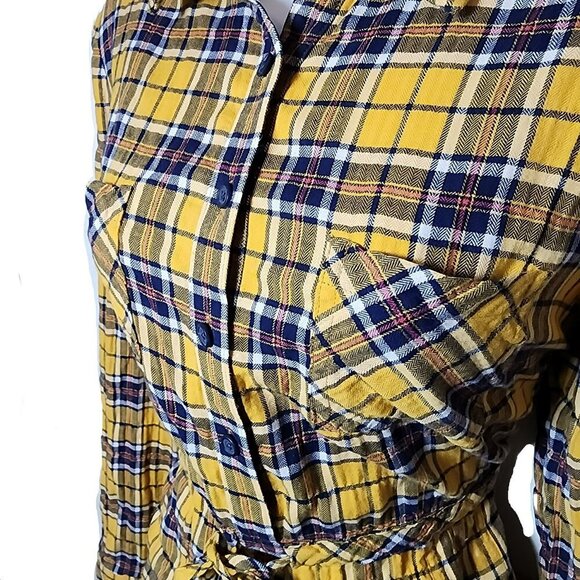 J. Peterman Plaid Shirt Dress Yellow Black Flannel Tie Waist Medium Long Sleeve - Picture 3 of 7